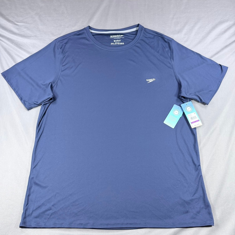 Speedo Mens 2XL Blue Polyester Swim Shirt Short Sleeve Rash Guard Sun Protection